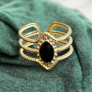 Royal Opal Ring gold & black stone - Edelstahl, verstellbar